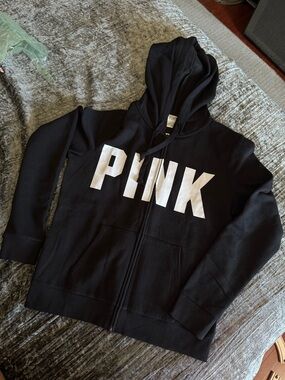 PINK Victoria's Secret Black Zip Hoodie with White Logo